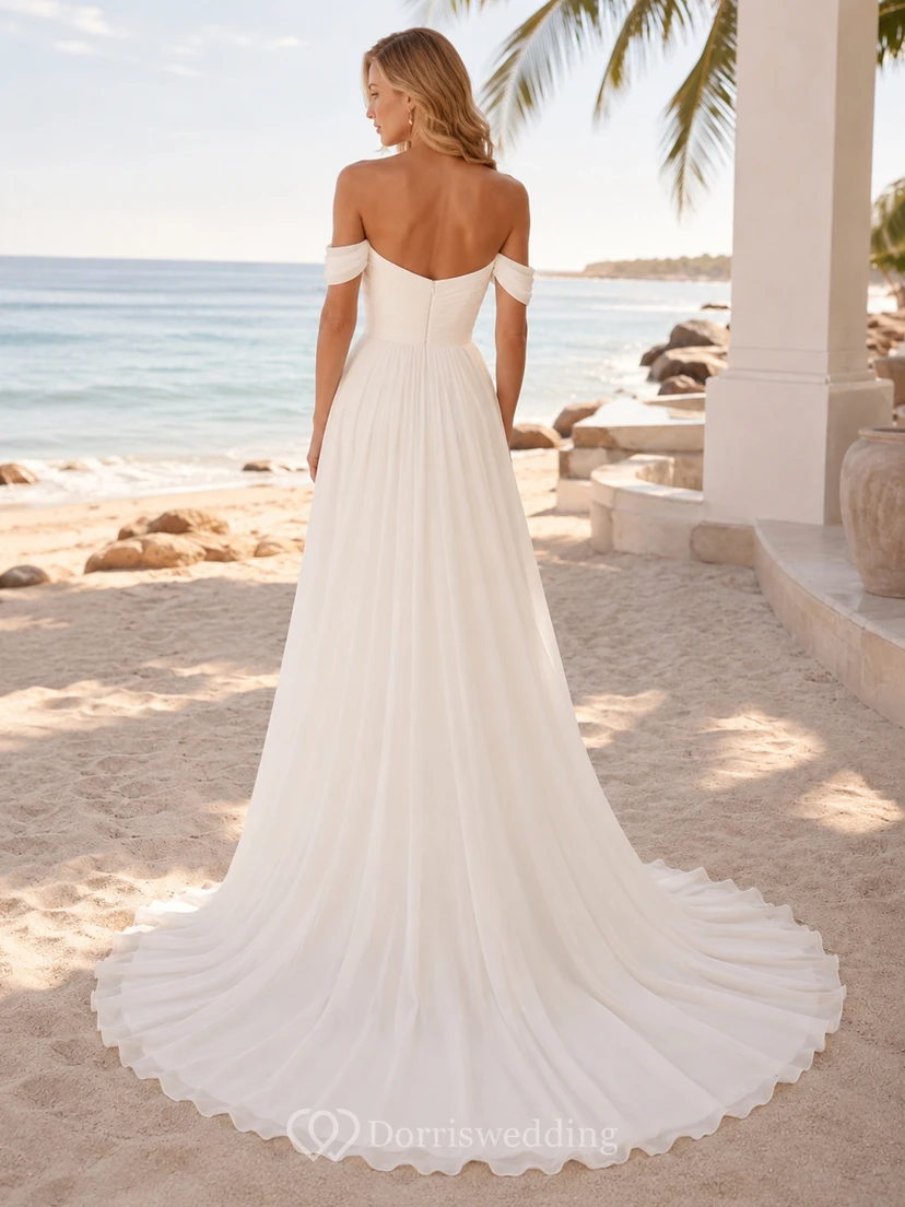 Beach Chiffon Tulle Wedding Dress A-Line Off Shoulder Sweep Train with Slit Bridal Gown view 2