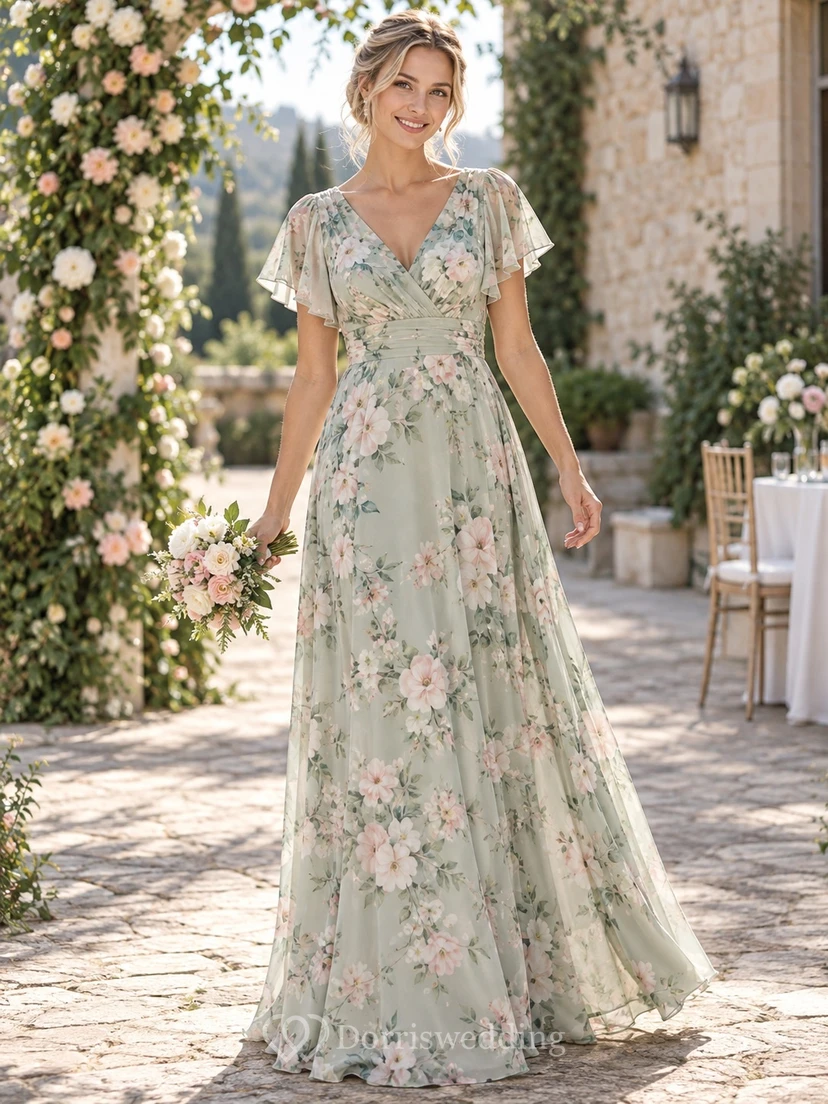 Vestido de dama de honor largo hasta el suelo, corte A, con mangas acampanadas, escote en V, abertura lateral y estampado floral rosa rubor. view 2