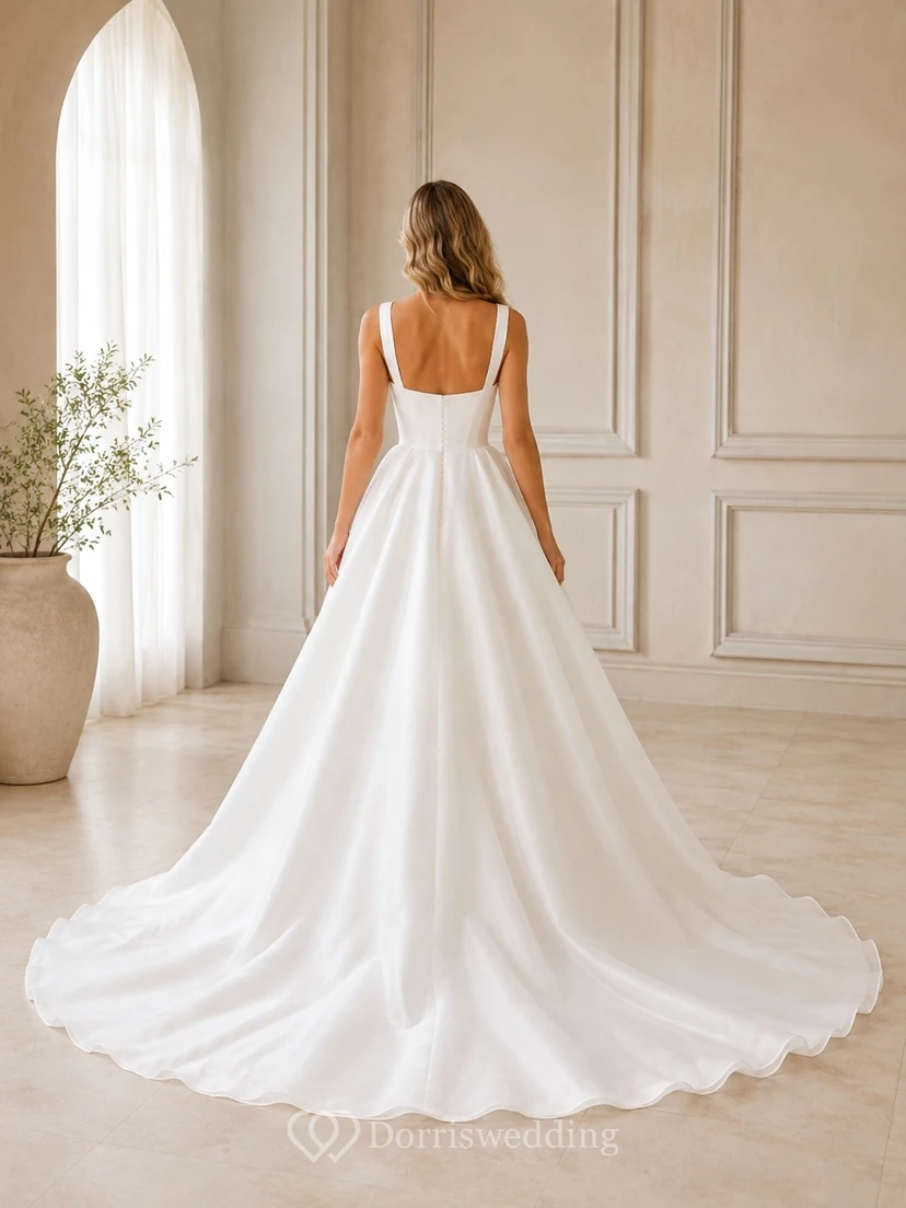 Vestido de novia sencillo de corte A con escote cuadrado y cola de capilla plisada view 2