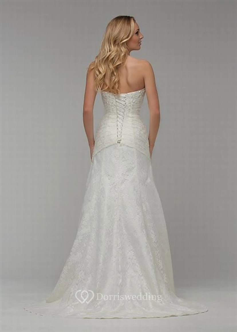 A-Line Appliqued Sleeveless Strapless Maxi Lace Wedding Dress With Side Draping And Beading view 2