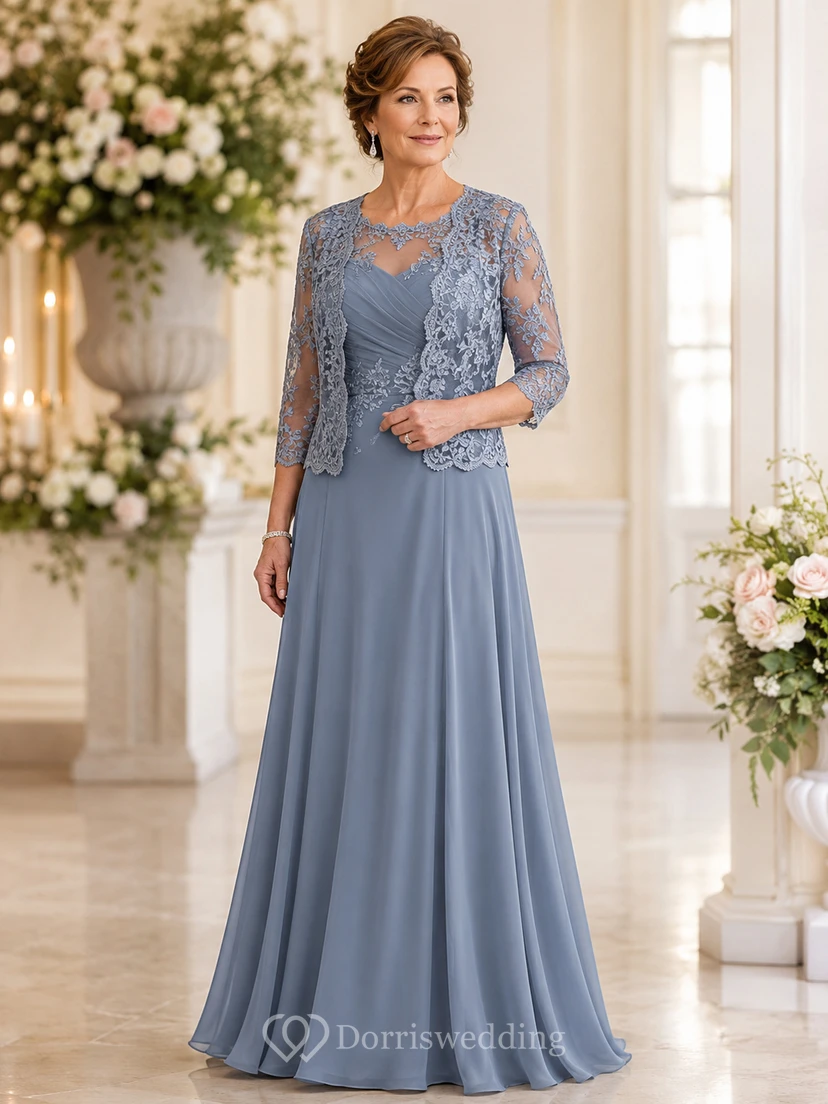 A-Line Bateau 3/4 Length Sleeve Chiffon Mother Dress with Lace