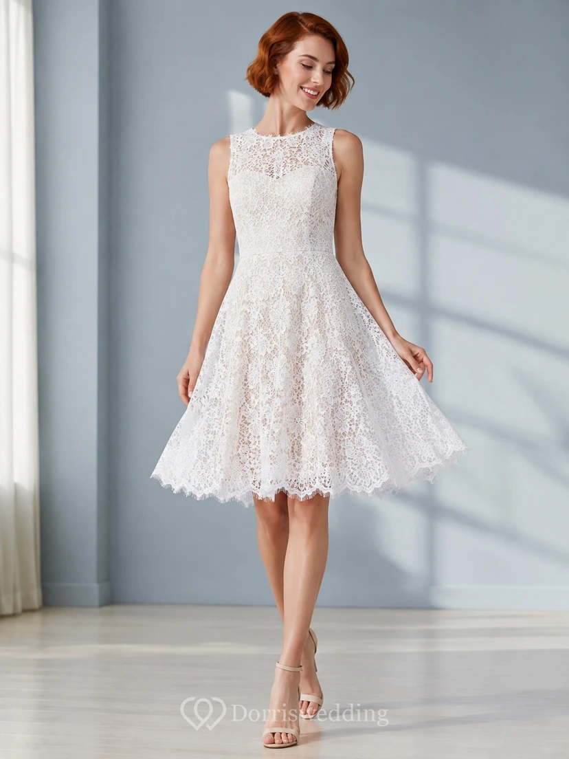 Modest High Neck Sleeveless Lace A-Line Knee-Length Courthouse Wedding Dress