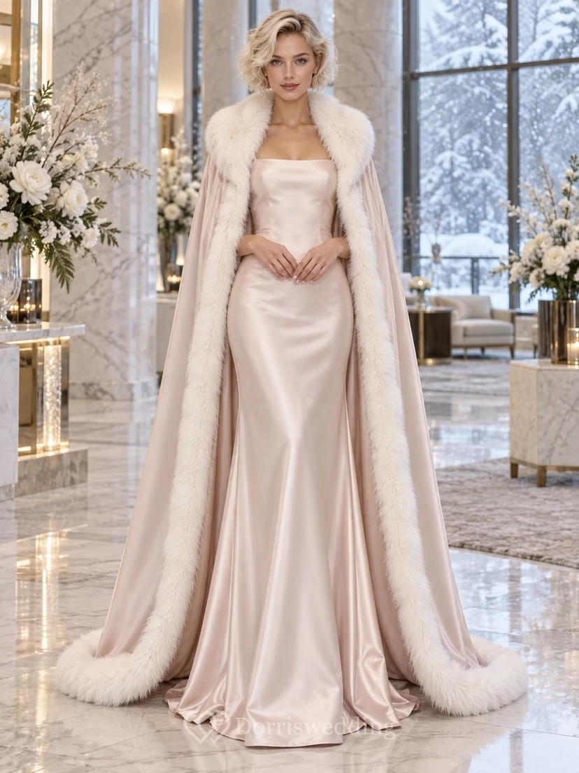 Vestido de novia de invierno sin mangas, color rosa empolvado, cuello de felpa y capa de satén.