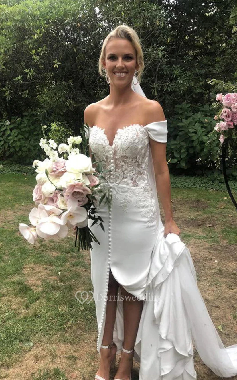 Off-the-shoulder Sheath Front Split Applique Beach Wedding Dress with Sweep Train view 4