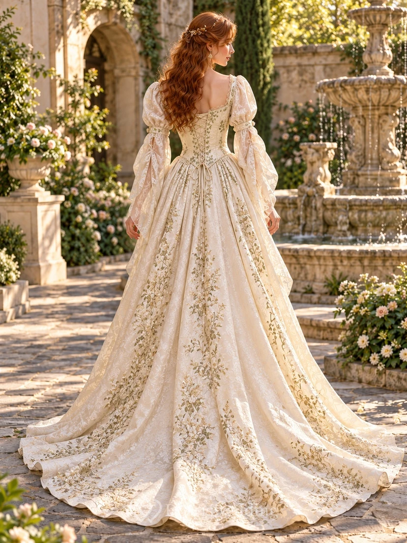 Vintage Renaissance Square Neck Puff Sleeve Embroidered Bridal Wedding Dress view 2