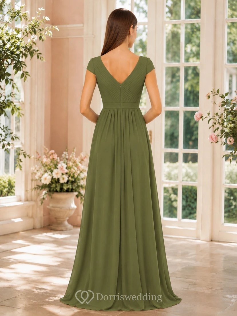 Vestido de dama de honor juvenil verde oliva, corte en A, escote en V, manga corta, elegante y formal. view 2