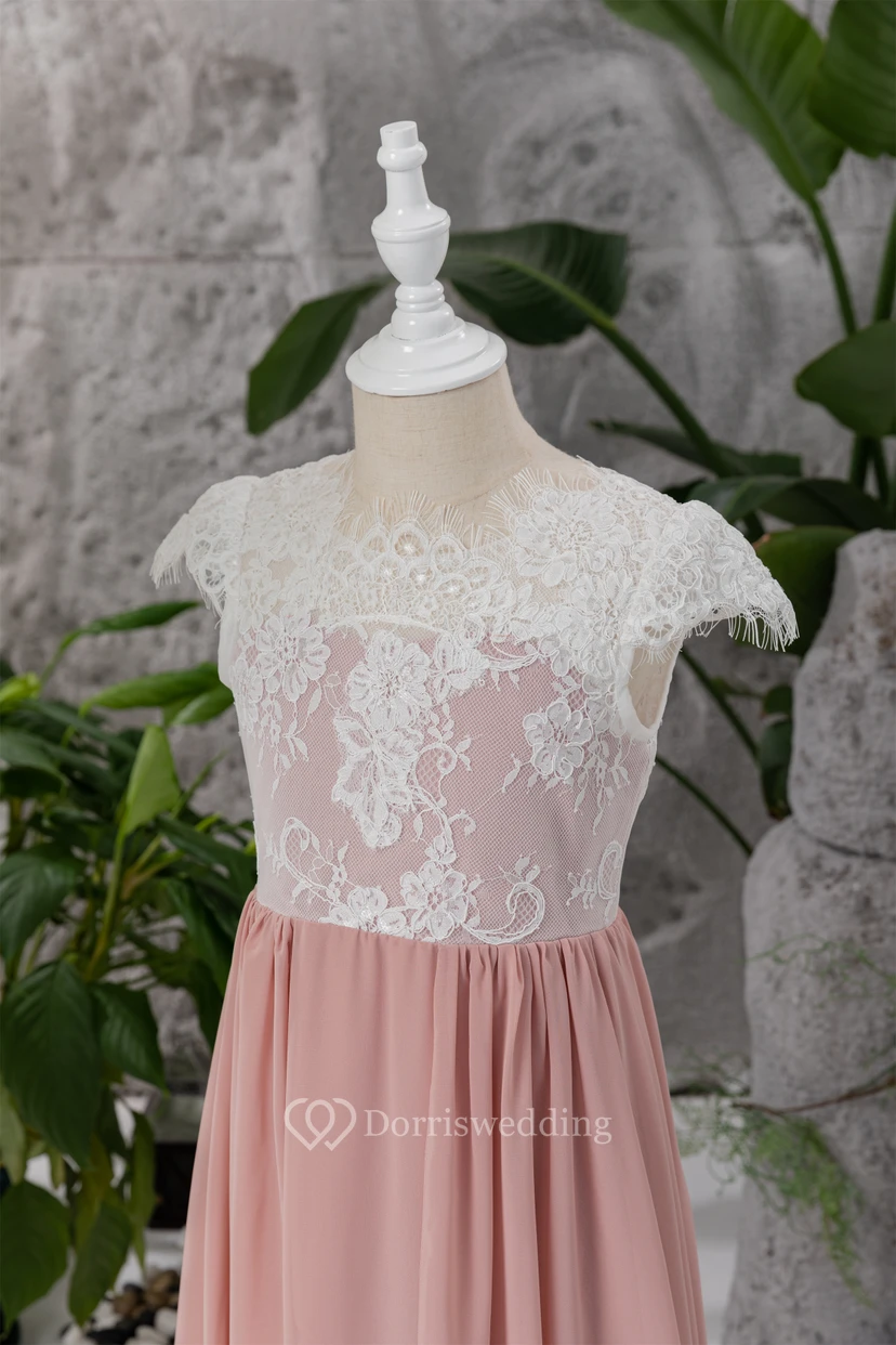 Lace Cap White and Coral Empire Chiffon Floor-length Flowergirl Dress view 5