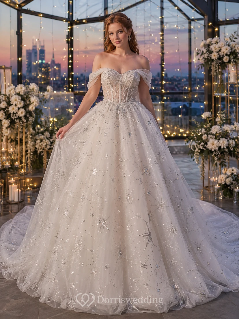 Off Shoulder Starry Tulle Ball Gown Rooftop Bridal Dress