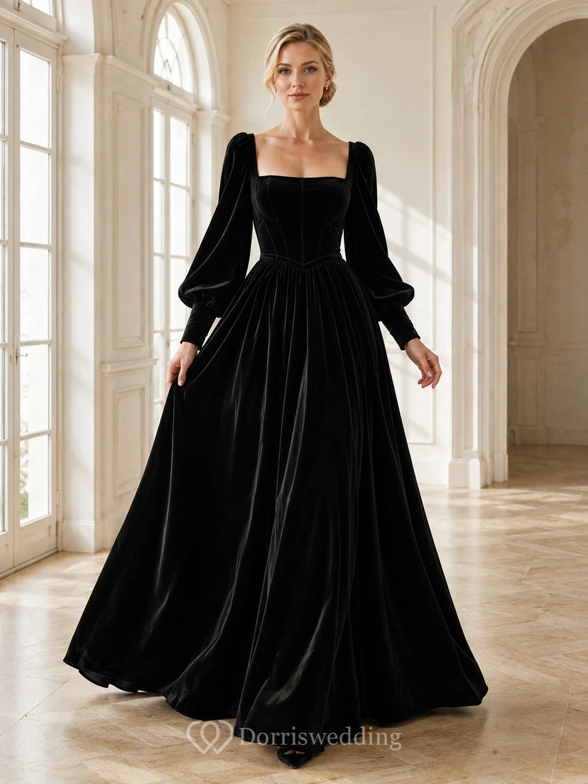 Black Square Neck Long Poet Sleeve Velvet Ball Gown Floor-Length Vintage Dress