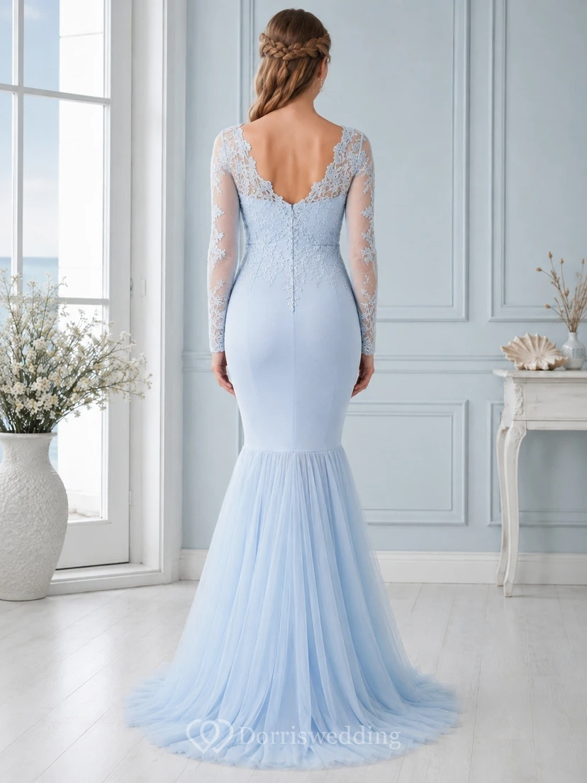 Sky Blue Long-Sleeve Illusion Lace-Spandex Empire-Waist Maternity Mermaid Gown view 2