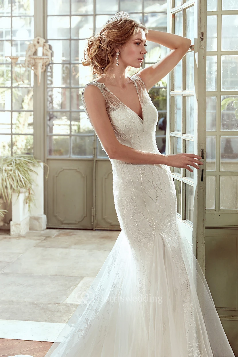 V-Neck Sheath Court-Train Wedding Dress with Mermaid Style and Open Back  view 3