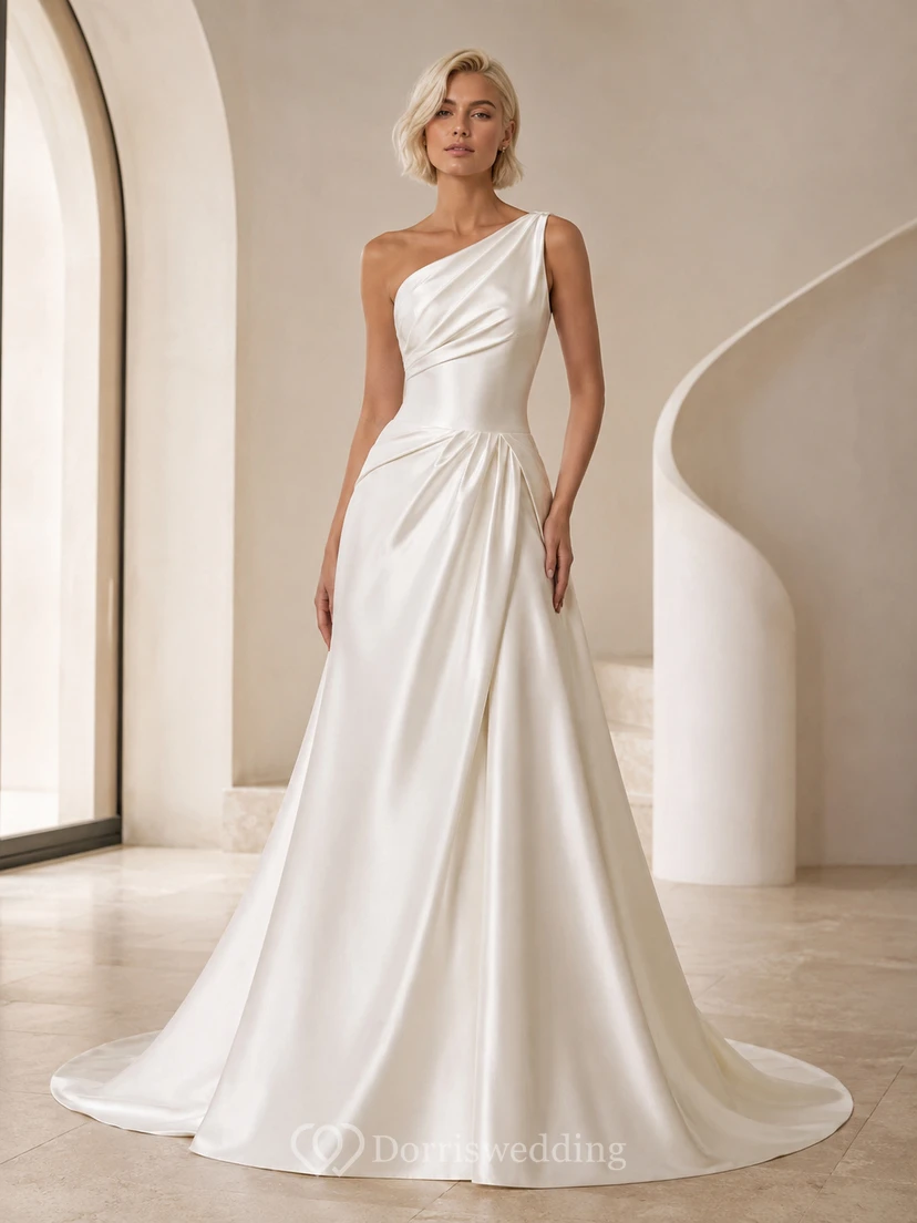 Modernes, ärmelloses A-Linien-Brautkleid aus Satin mit One-Shoulder-Schnitt und elegantem Drapé.