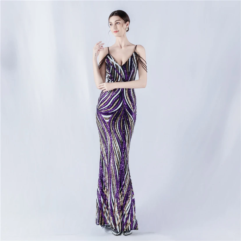 Sequined Striped Color Matching Slim Dinner Host Suspender Long Dress For Women view 29