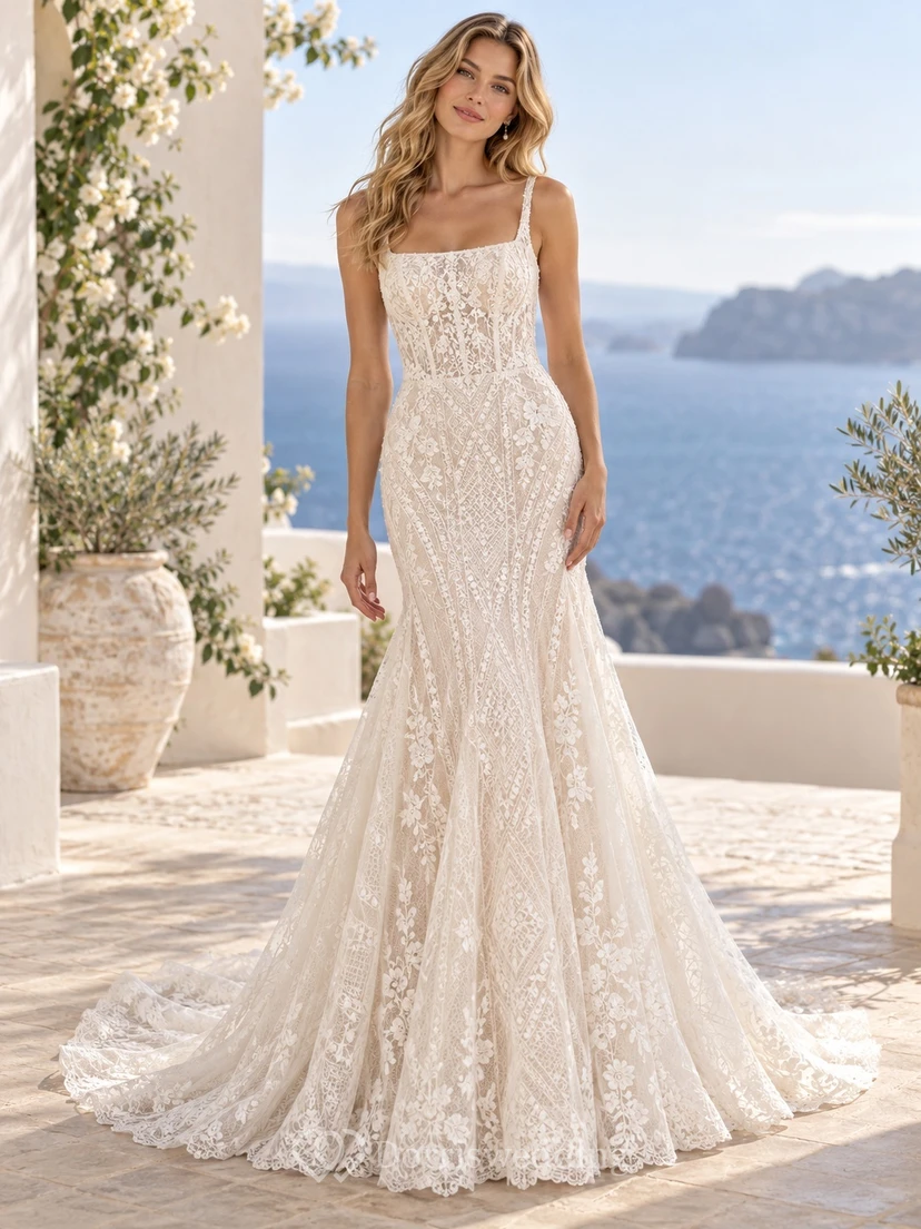 Fit and Flare Hochzeitskleid mit eckigem Ausschnitt, Spaghettiträgern und Schleppe aus Spitze