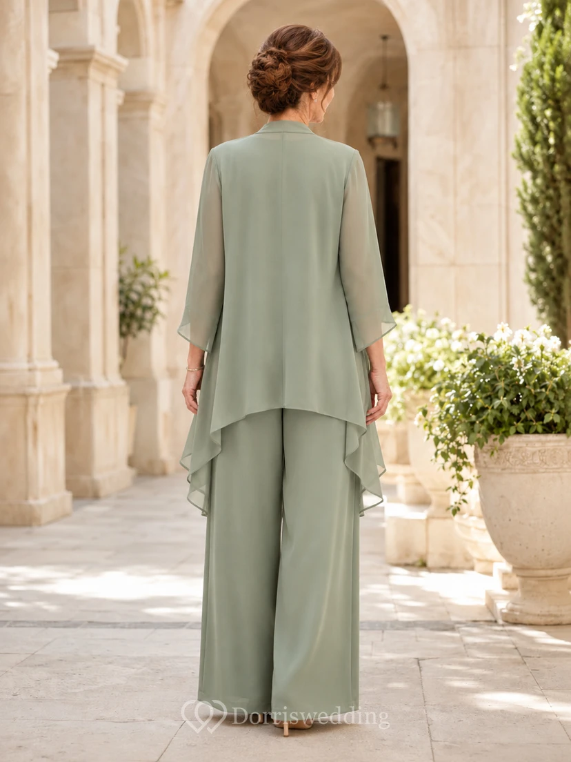 Mother Sage Chiffon Jumpsuit with Scoop Neck High Low Jacket and Wide Leg Pants view 2