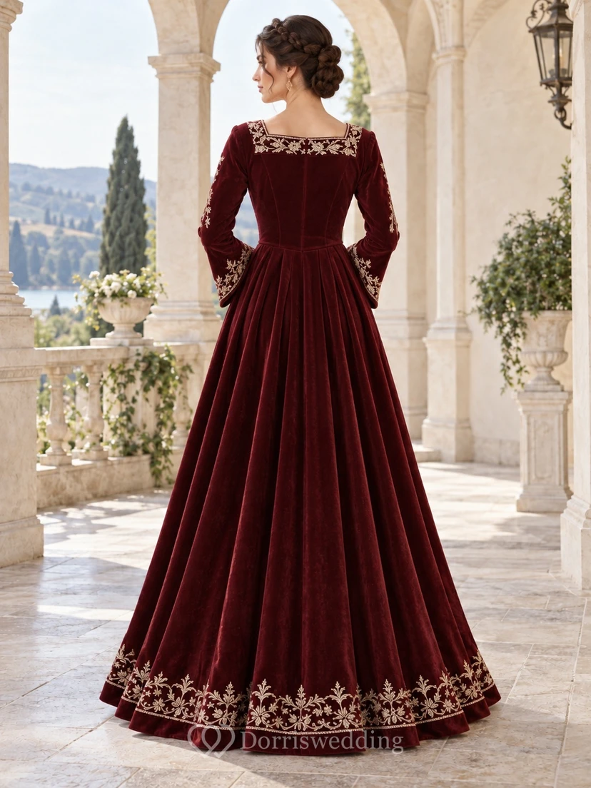 Robe de cérémonie médiévale à manches longues en velours bordeaux brodé, col cranté view 2