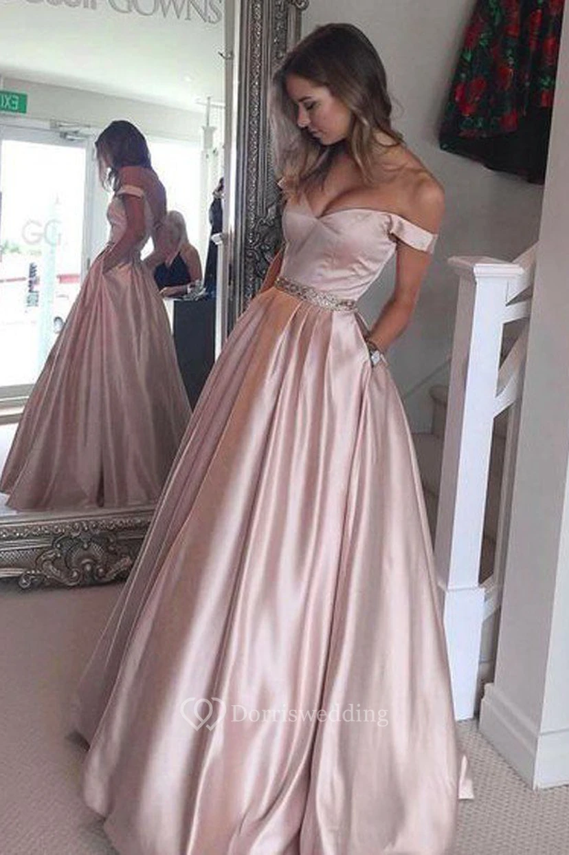 A-Line Satin Off-the-shoulder Short Sleeve Zipper Dress