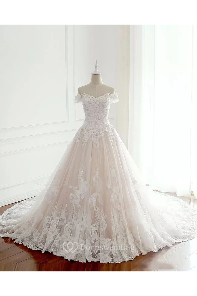 Off-the-shoulder A-line Floor-length Chapel Train Sleeveless Lace Tulle Princess Wedding Dress with Lace-up Back view 3