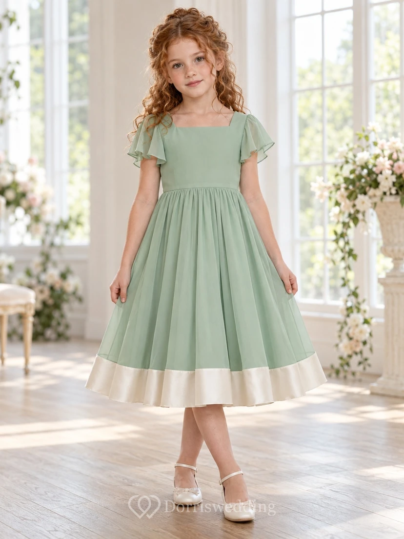 Modest Square Neck Sage Tea-length Wide Flutter Sleeve Full Banded Chiffon Flower Girl Dress