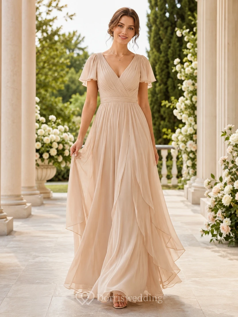 Taupe V-Neck Flutter Sleeve Chiffon Cascading A-Line Floor-Length Romantic Abendkleid Gown