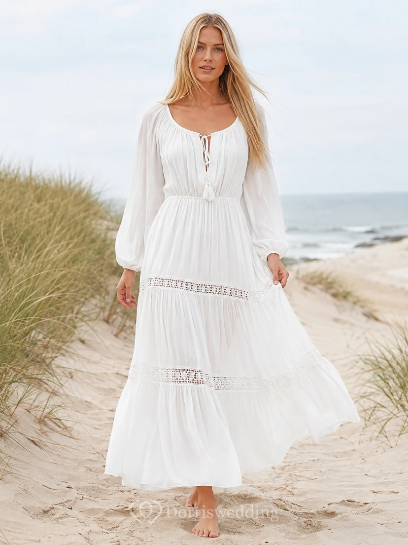 Robe de mariée bohème de plage en mousseline de soie et dentelle à volants, col rond et manches bouffantes
