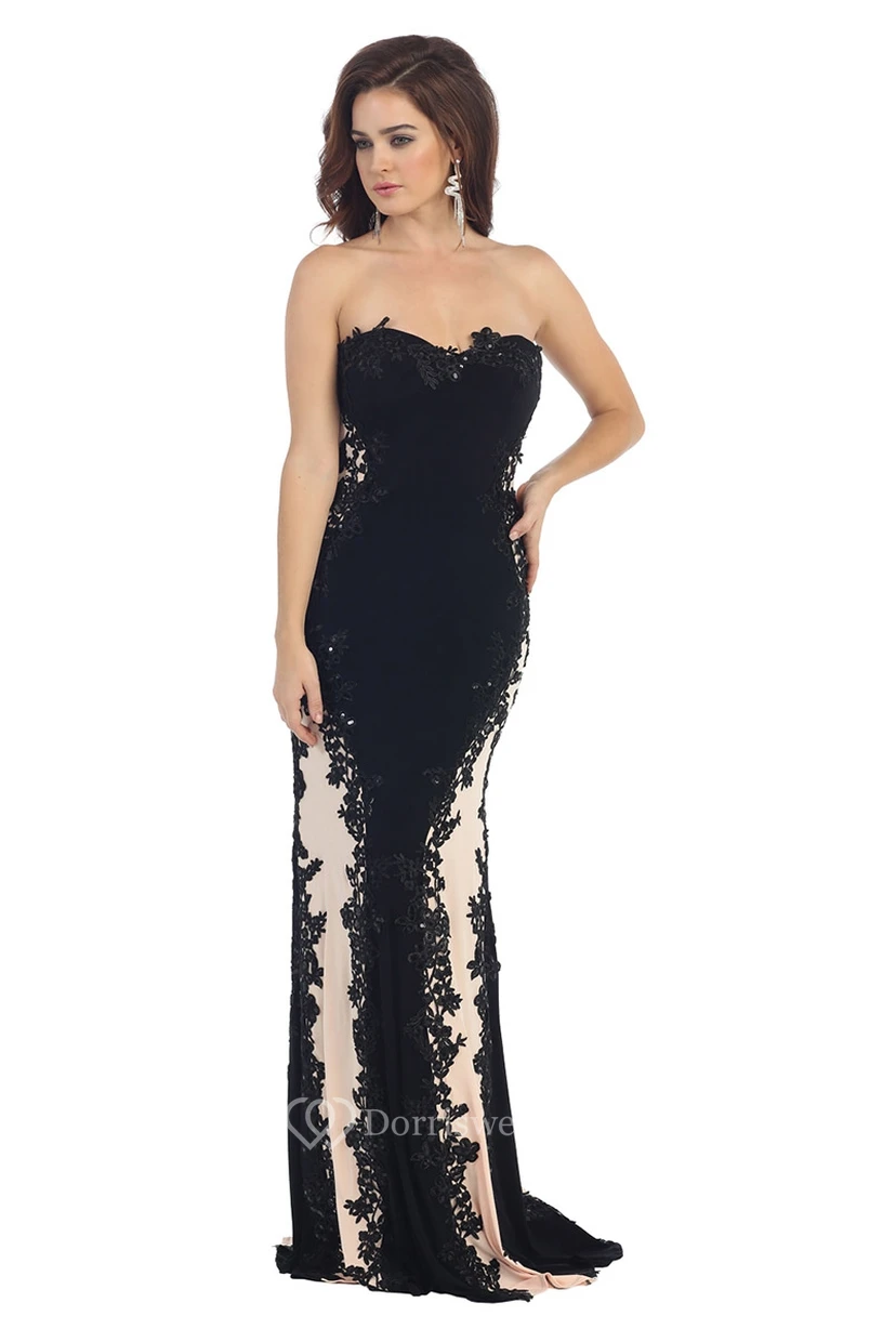 Pencil Floor-Length Strapless Sleeveless Lace Jersey Dress With Appliques view 3
