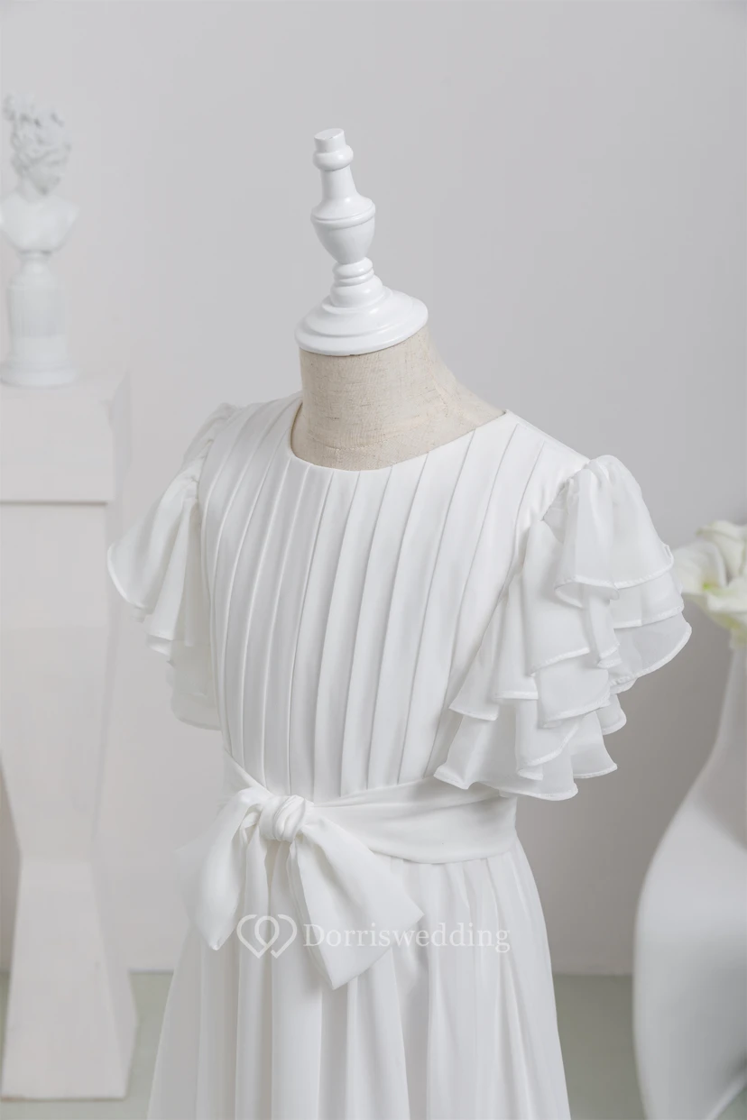 White First Communion Bowed Chiffon Flowergirl Dress with Ruffled Sleeve view 5