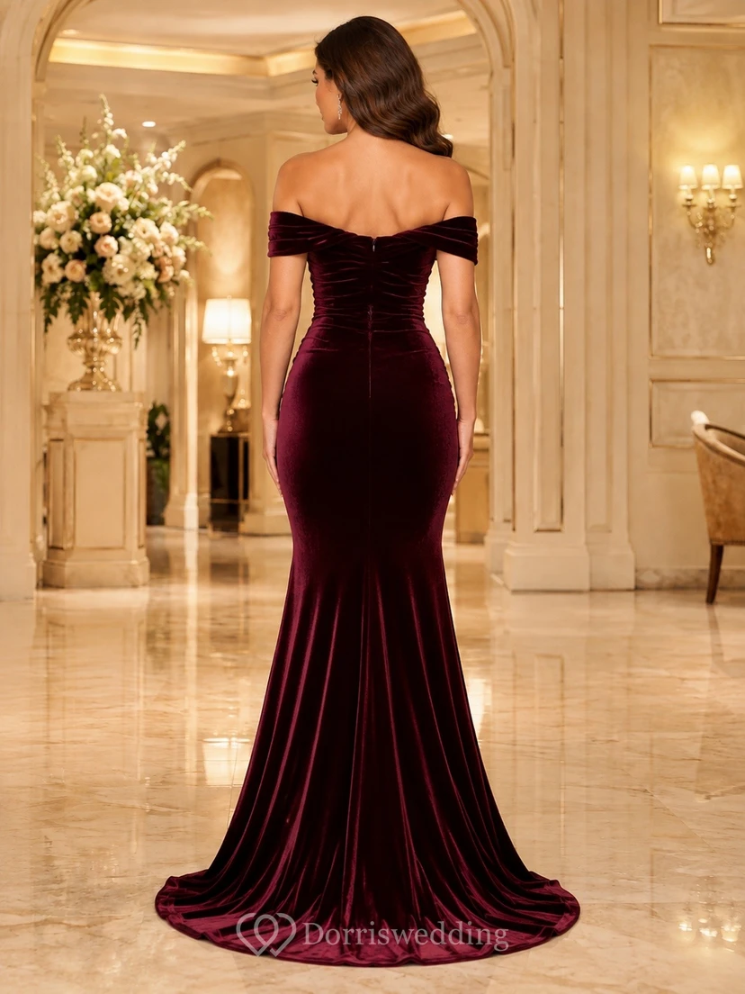 Burgundy Velvet Off-Shoulder Ruched Mermaid Sweep-Train Evening Dress view 2