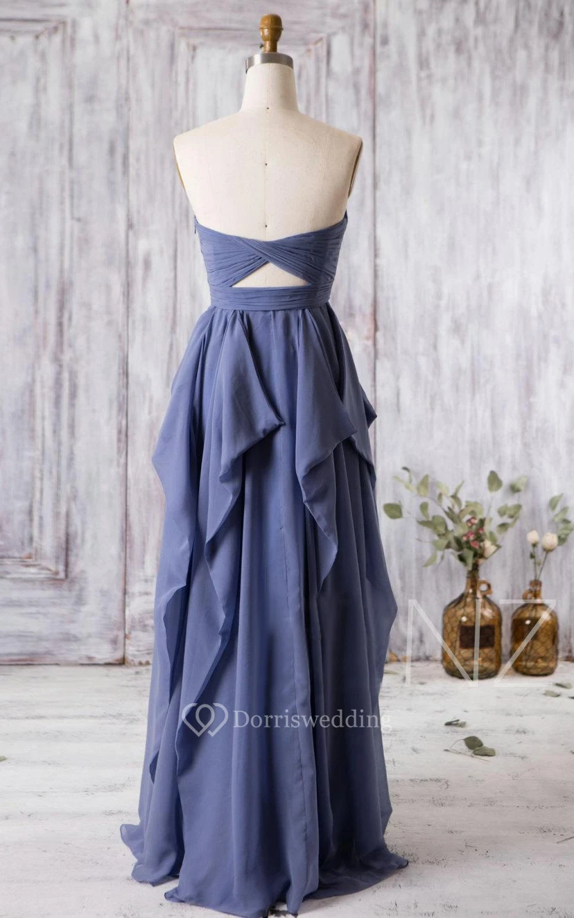 Sweetheart Empire Pleated A-line Chiffon Long Dress With Ruffles and Keyhole view 4