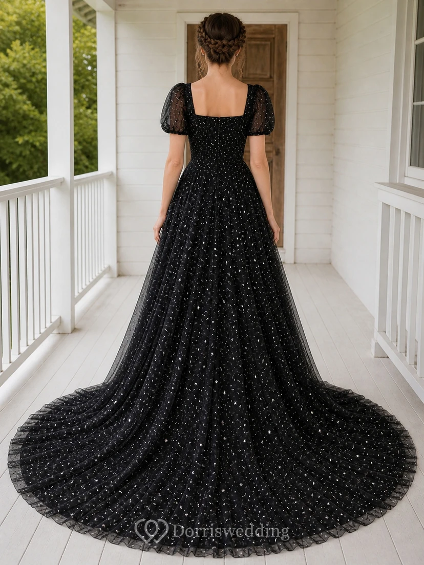 Black Luxury Puff Sequin Ball Gown Square Neck Short Sleeve Floor-length Evening Dress view 2