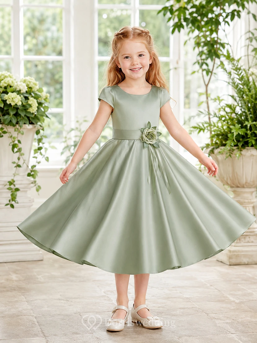 Salbeigrünes, schlichtes, teelanges A-Linien-Kleid aus Satin mit Rundhalsausschnitt, kurzen Ärmeln und Blumenmuster für Blumenmädchen