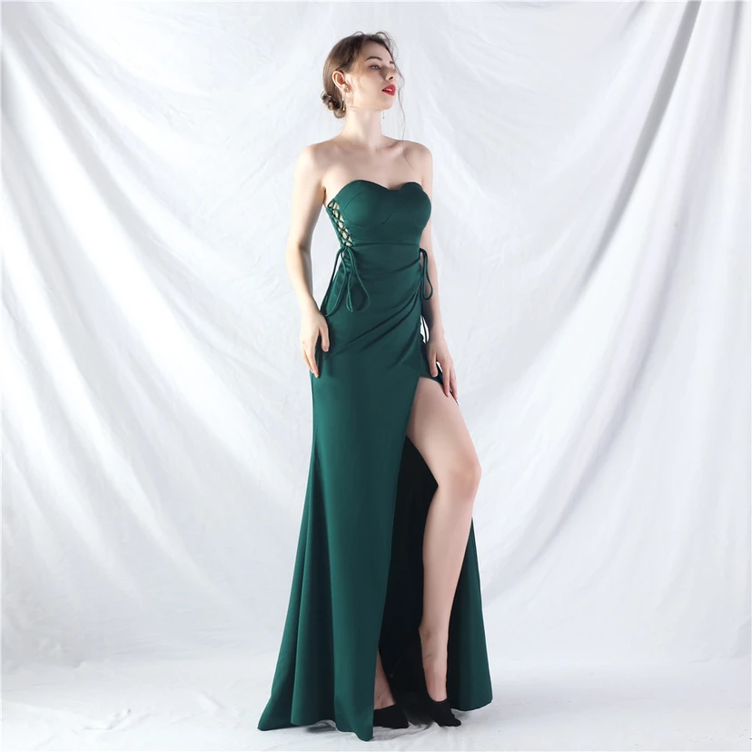 Vestido de noche de satén con cintura y orejas fijas, nueva tendencia, con dos métodos de atado de cuerda. view 13