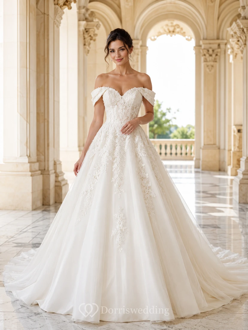 Romantic Lace Tulle Off shoulder Short A-Line Chapel Appliques Refined Zipper Back Wedding Dress