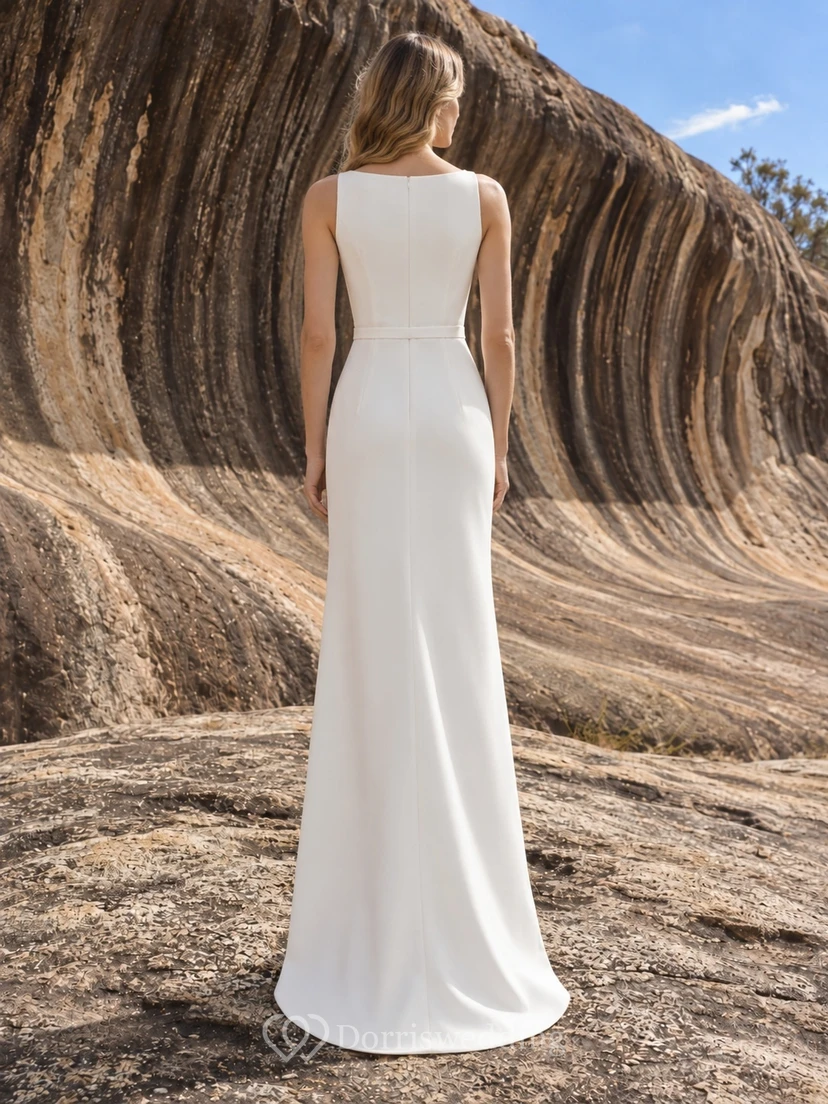 Schlichtes, ärmelloses, bodenlanges Brautkleid mit U-Boot-Ausschnitt und Schärpe view 2