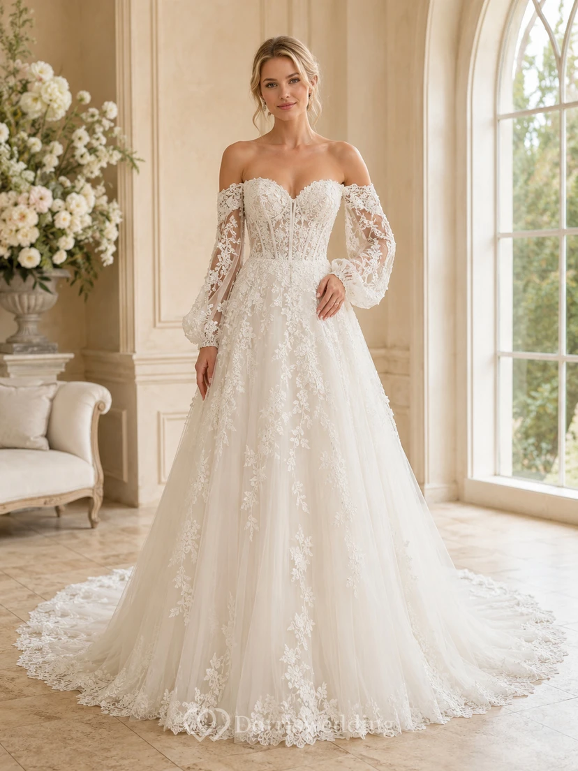 Robe de mariée romantique en dentelle florale, coupe trapèze, épaules dénudées, manches bouffantes, bustier, traîne chapelle