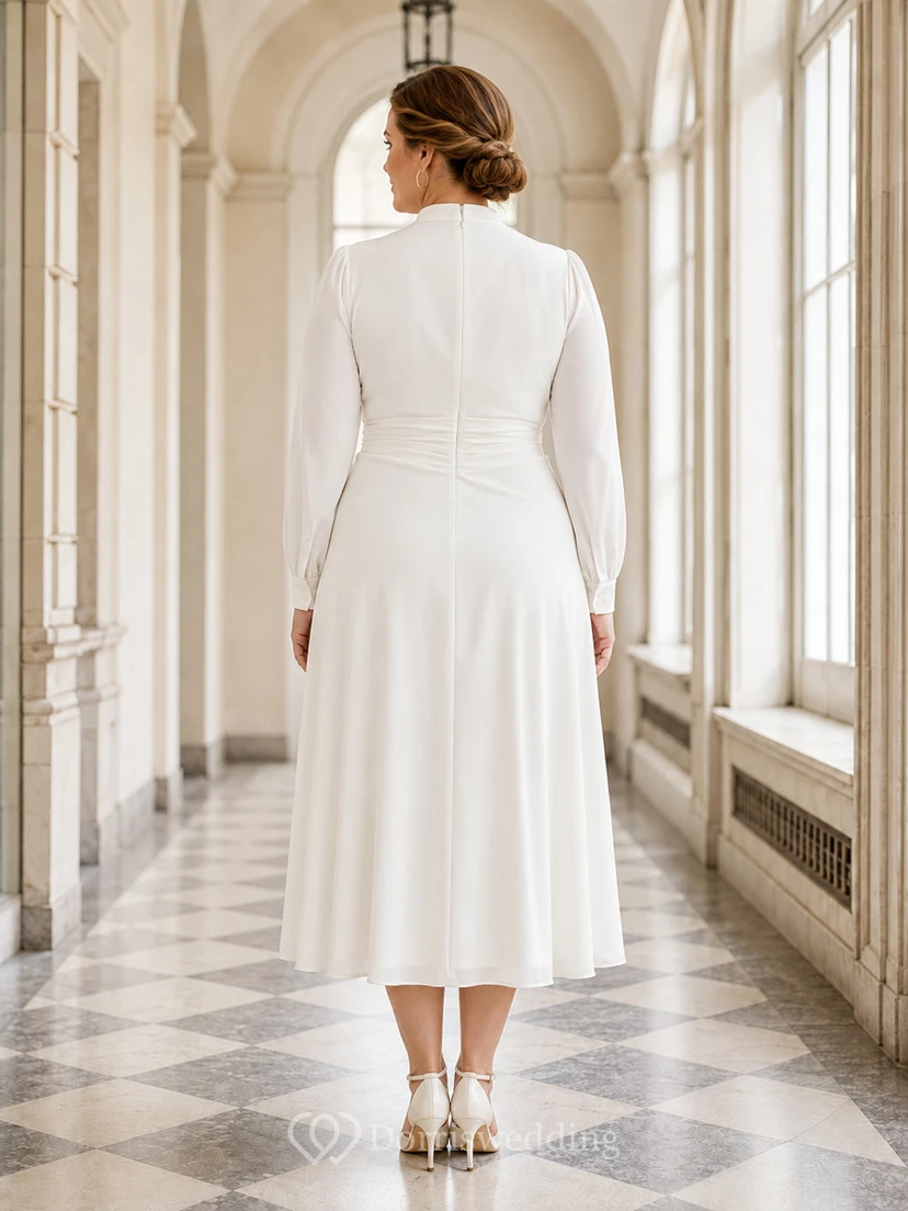 Plus Size High Neck Long Sleeve Jersey Sheath Tea-Length Wedding Dress view 2