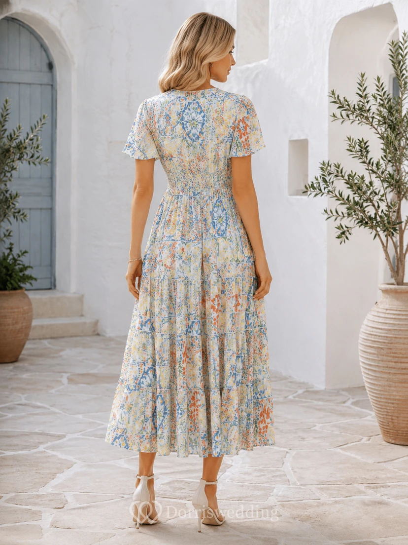 Vestido midi plisado con escote en V y mangas con volantes en mosaico pastel view 2