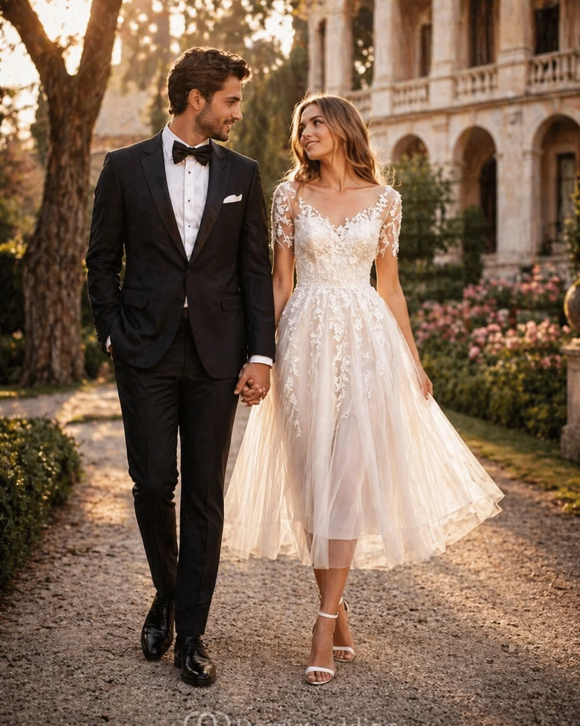 Robe de mariée romantique en dentelle, longueur thé, manches courtes et jupe en tulle