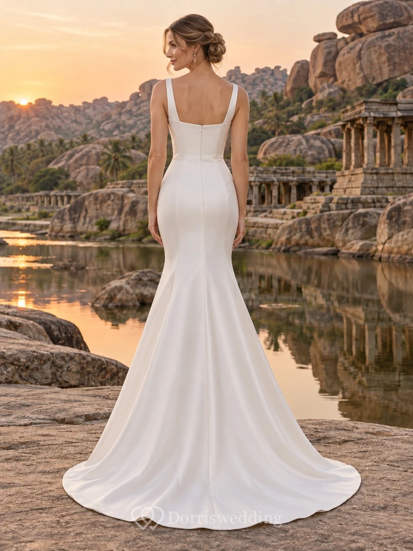 Simple Square Neck Straps Satin Mermaid Sweep Train Wedding Dress view 2