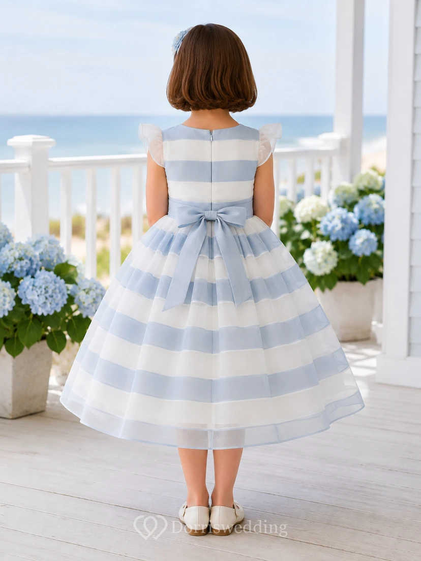 Sky Blue Striped Organza A-Line Flower Girl Dress, Short Sleeve Cap, Square Neck, Bow Back, Tea-Length Beach view 2