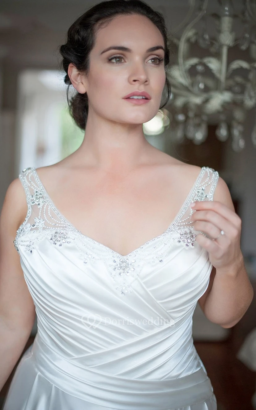 A-Line Floor-Length V-Neck Sleeveless Satin Court Train Illusion Ruching Dress view 3