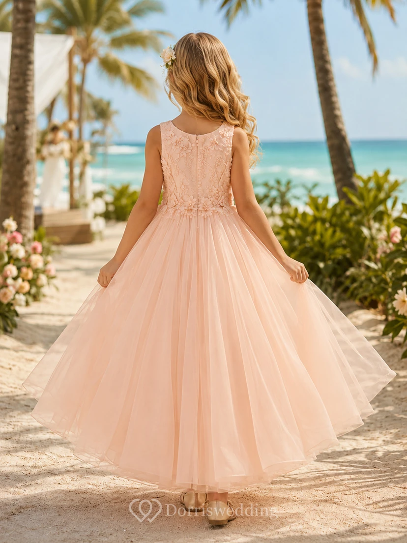 Blumenmädchenkleid aus rosafarbenem Chiffon und Tüll, A-Linie, Rundhalsausschnitt, Teelänge, mit Schärpendetails view 2