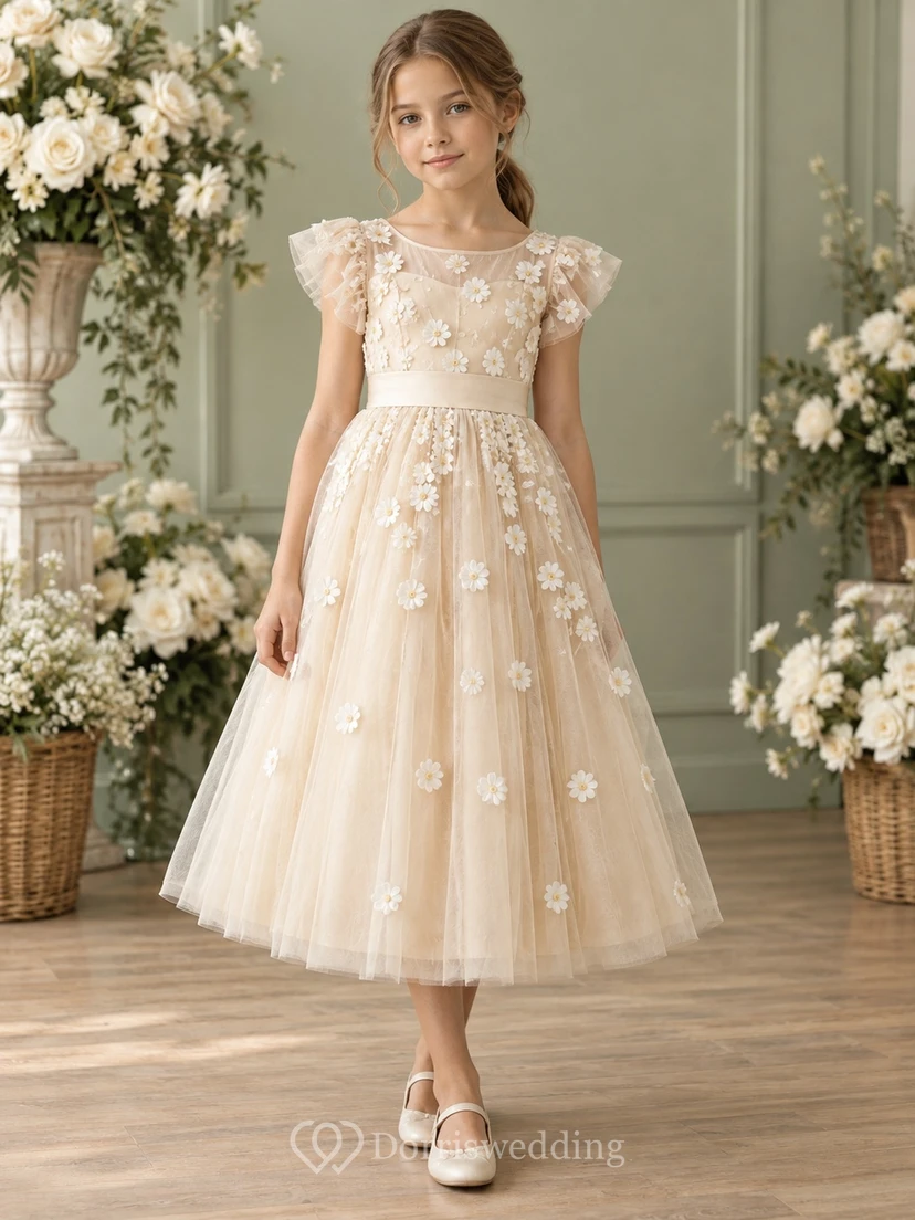Tea-length Champagne Daisy Floral Flutter Sleeve Tulle A-line Flower Girl Dress