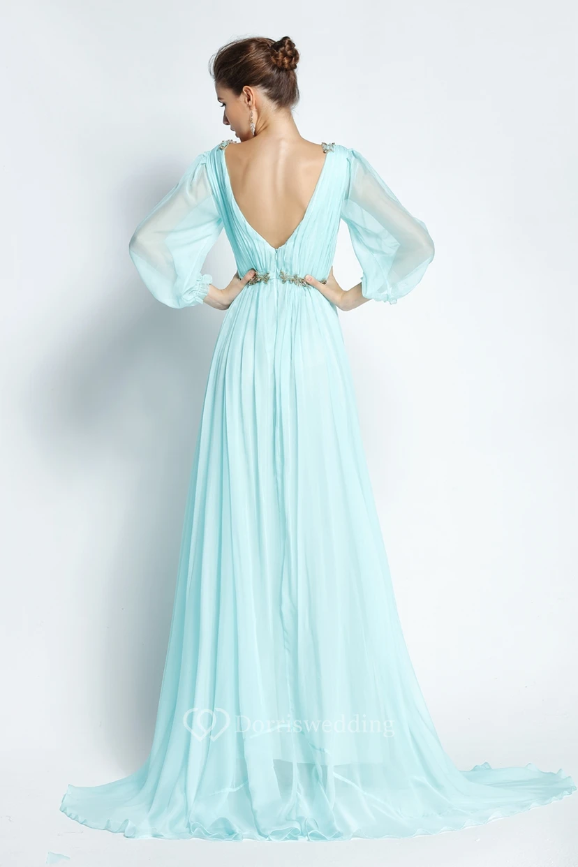 A-Linien-Abendkleid aus Chiffon mit langen Ärmeln, Schleppe, U-Boot-Ausschnitt, Perlenstickerei und Falten view 2