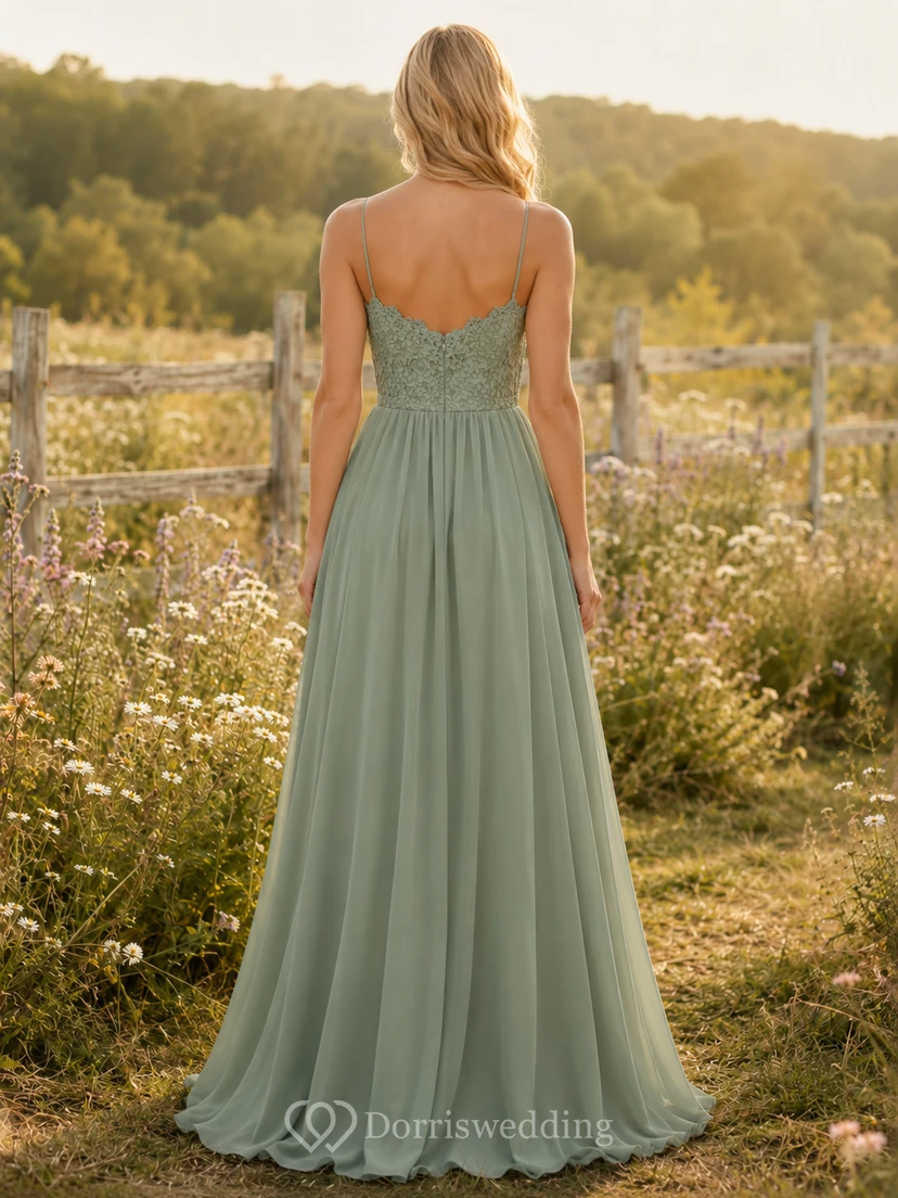 Sage spaghetti strap lace bodice chiffon floor bridesmaid dress view 2