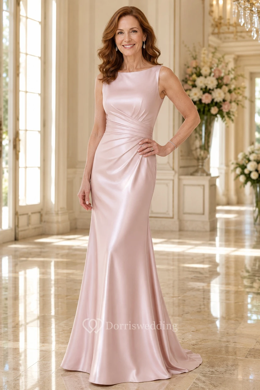 MOB-Kleid aus rosafarbenem Satin, Etuikleid mit Rundhalsausschnitt, Schleppe und Raffungen