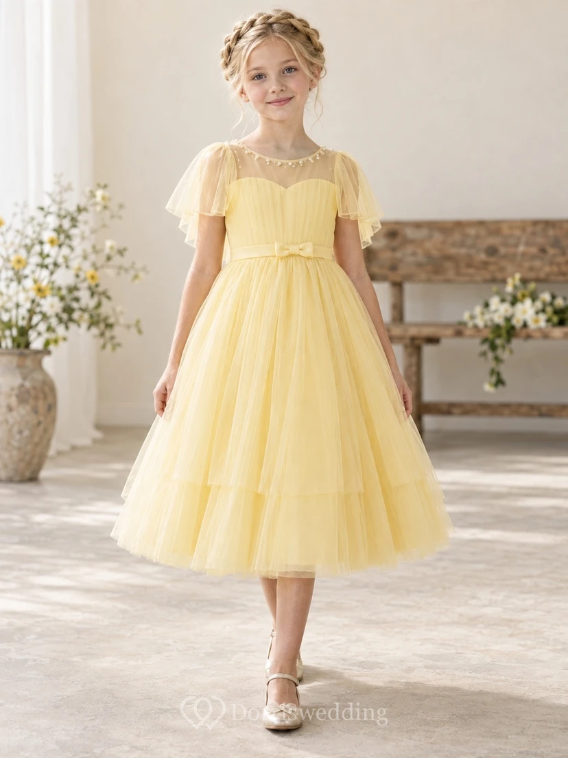 Daffodil Sweetheart Illusion Pearl Flutter Sleeve Pleated Tea-length A-Line Tiered Tulle Bow Flowergirl Dress
