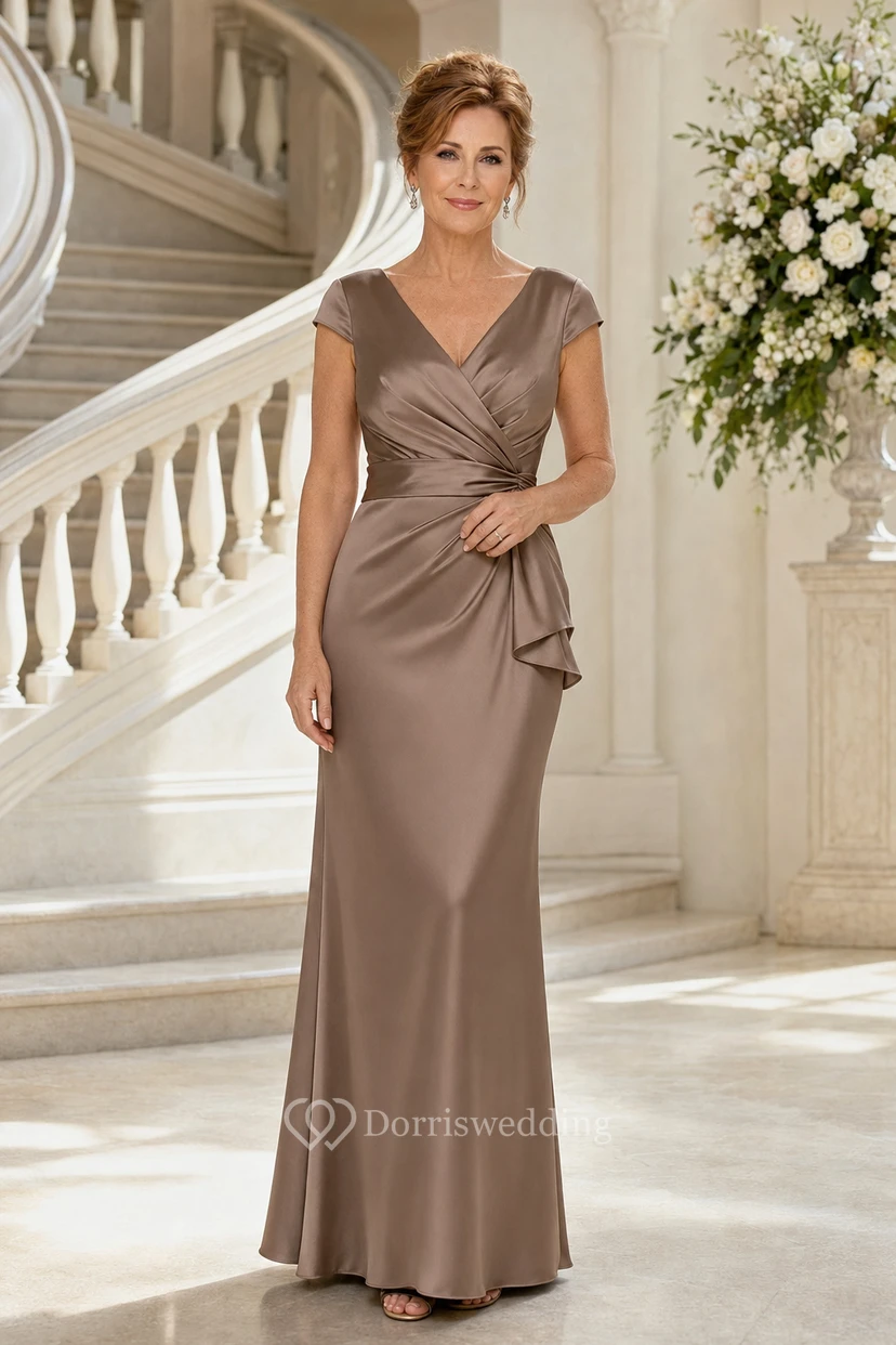 MOB Kleid Taupe Satin Etuikleid Kurzarm V-Ausschnitt Bodenlang Gerafft