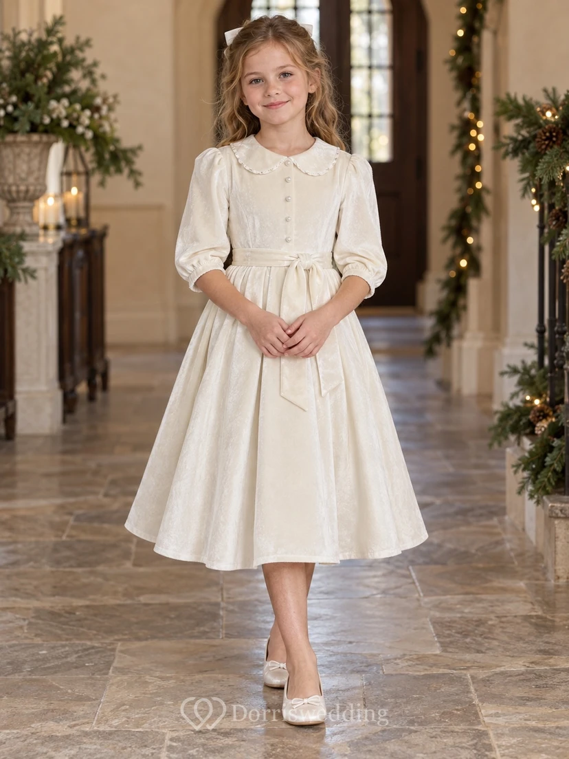 Ivory Velvet Puff Sleeve Scalloped Collar Sash Tea-length Flower Girl Dress
