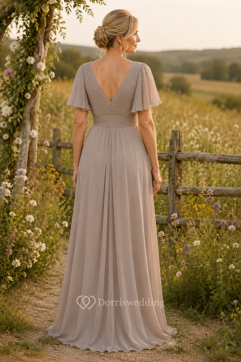MOB-Kleid aus taupefarbenem Chiffon, A-Linie, kurze Ärmel, V-Ausschnitt, bodenlang, mit Rüschenbesatz view 2